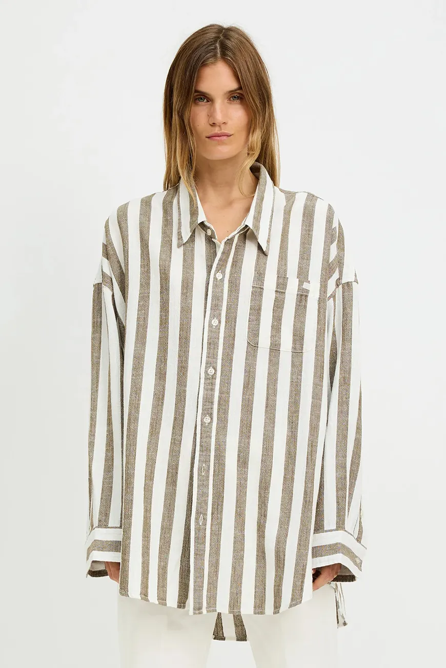 Boutique77 - חולצה Button Front – DSW42301045 – jumbo-olive-green-ecru-stripe – 1