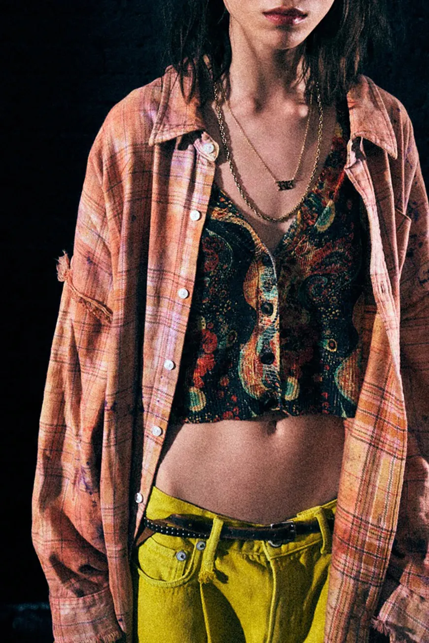 Boutique77 - חולצה Shredded Seam Drop Neck – R13WR075R654B – overdyed-orange-purple-plaid – 2